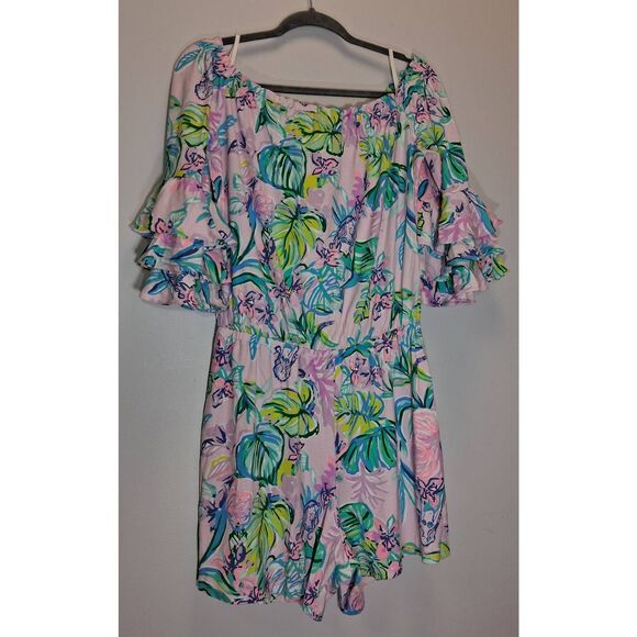 Lilly pulitzer womens medium off shoulder boat neck romper pink green - Picture 3 of 11
